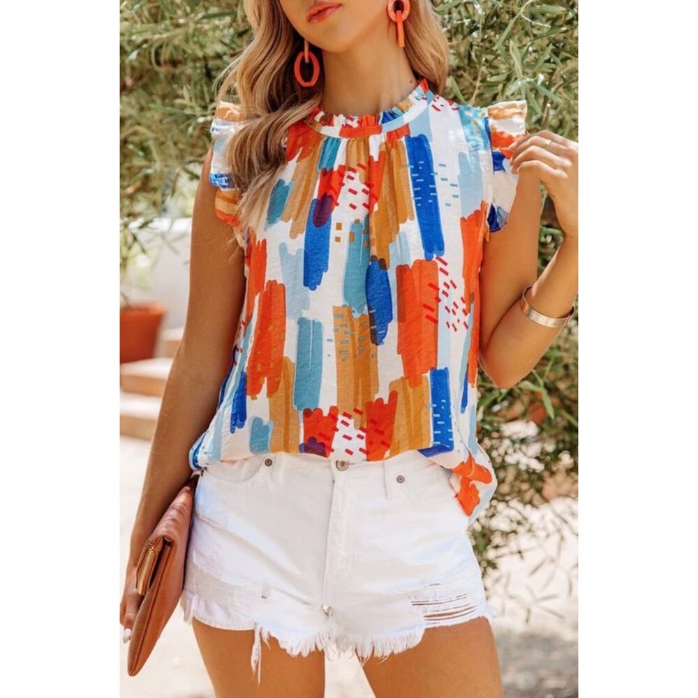 Abstract Print Flutter Slv Blouse Ruffle Collar Women L Multicolor Flowy Boho Ar